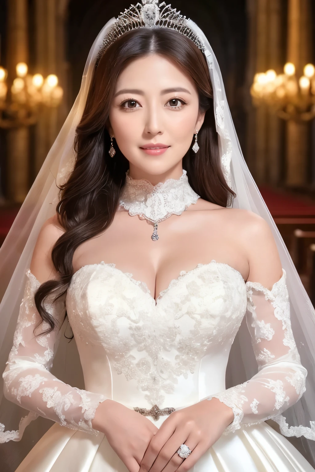 (highest quality、Tabletop、8k、Best image quality、Award-winning works)、One beautiful bride、(alone:1.1)、(The most extravagant and gorgeous huge wedding dresses:1.1)、(Perfect Wedding Lace:1.2)、(The most extravagant and luxurious giant tiara:1.1)、(The most extravagant and luxurious giant necklace:1.1)、The most beautiful smile is looking at me、A wide selection of the finest jewellery、(Bridal upper body photo:1.1)、Perfect Makeup、Long eyelashes、Ultra HD Shining Eyes、Ultra HD Hair、Ultra High Resolution Glossy Lips、Ultra High Resolution Perfect Teeth、Beautiful face in ultra-high definition、(Accurate anatomy:1.1)、(Very bright and beautiful skin:1.2)、(very bright and vivid:1.2)、(Luxury wedding venue background:1.1)