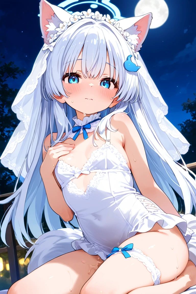 A nice white shirt that lets you see. 、Light blue flared skirt with ruffles、She lifts her skirt with both hands to show off her pretty white underwear.、Cute white underwear visible when you lift your skirt.、sandy beach, beautiful sea, night and starry sky small breasts