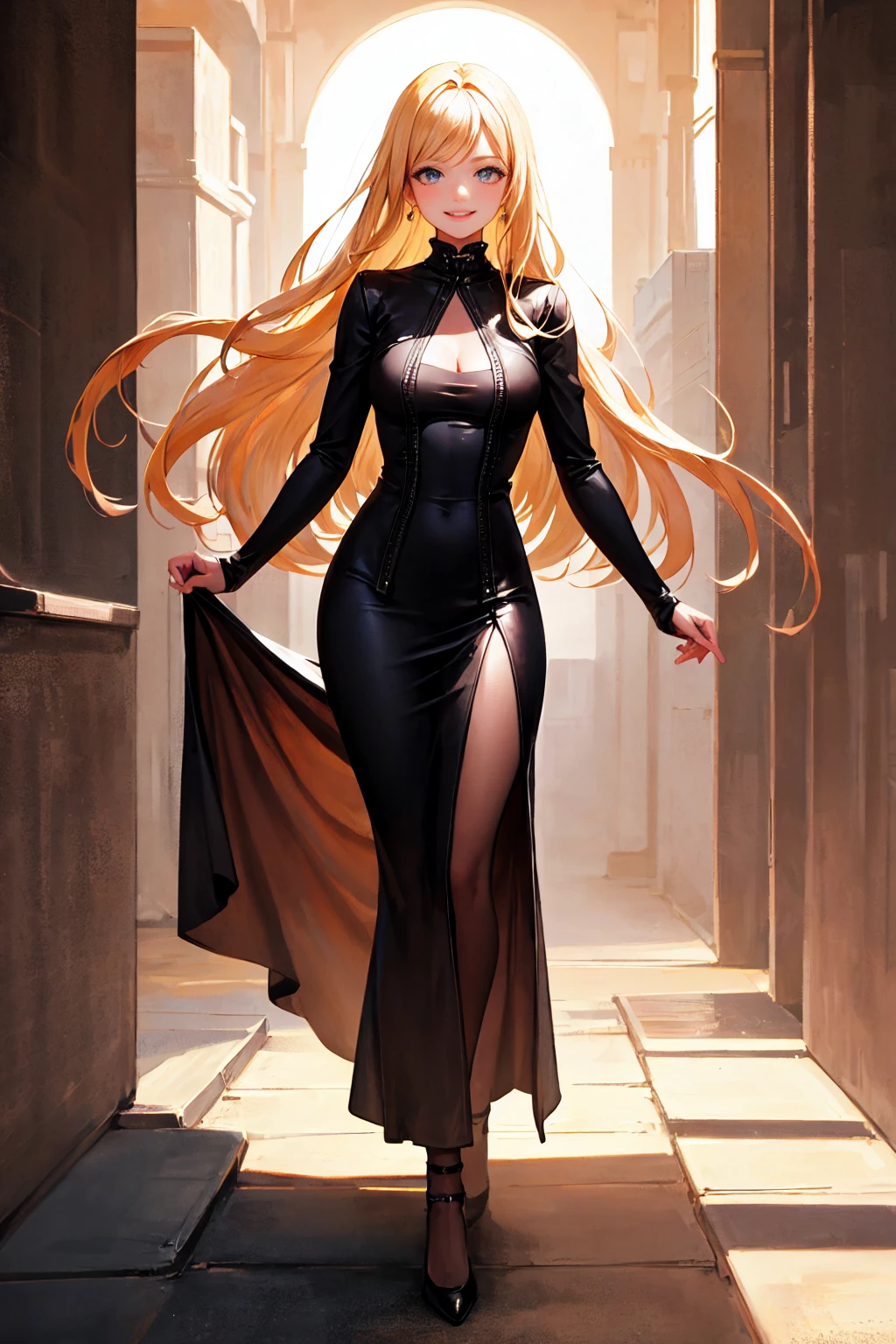 Masterpiece, best quality, Masterpiece, best quality, 1 woman, long blonde hair , Black tight leather dress , big breasts , abdomen , Long legs , Put your hands on your hips.. , boots , full body , abandoned factory , at night