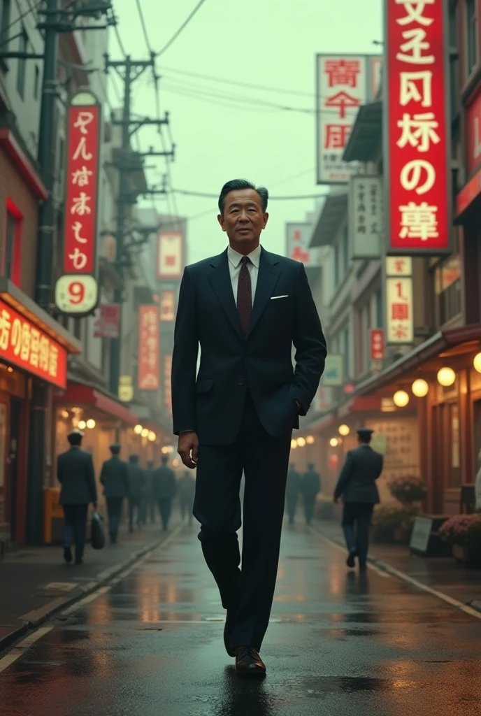 1A 42-year-old Japanese mafia boss with a black mob hat, a black mafia suit, segurando uma pistola da mafia, on a street in a city from the time of 1920 at night