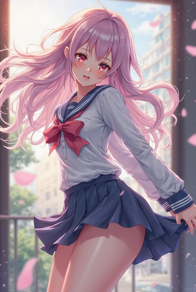 (masterpiece, best quality, cinematic, photorealistic, ultra-detailed), (1girl, Japanese student), thicc, (medium shot, from below:1.5), (smart-looking girl wearing white short-sleeved blouse with a sailor-style collar and a ribbon tie:1.4), (navy blue pleated skirt that falls just above the knees:1.4), (pink hair, long wavy hair:1.2), perfect hands, perfect face, (bursting breasts, large chest:1.4), (seductive pose:1.2), (hazel eyes, soft and shimmery eyeshadows, detailed pupils, defined eyelashes), (blushing, slightly parted lips, fluffy lips, pink lips:1.2), (gradient background:1.2), (looking at the viewer, chin up:1.4), (standing, sensual pose:1.4), burning hot chic