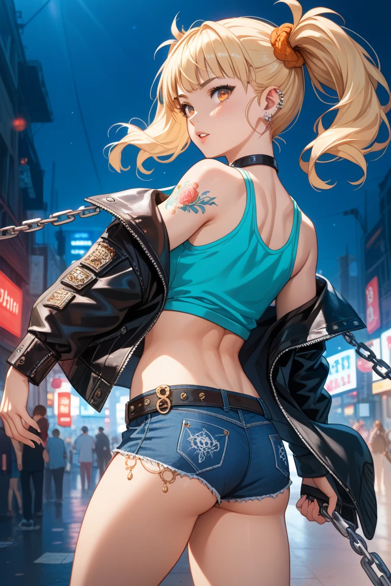 A 20-year-old petite Japanese girl named Asahime Kuzuryū, an Aries, with a tomboyish and slightly masochistic personality. She has fair, translucent skin and striking orange droopy eyes that give her a gentle, quiet appearance. Her blonde hair is styled in half-twin tails. She’s muscular with sharply defined abs, exuding strength. She wears a tight yellow-and-aqua tank top that shows off her midriff, low-rise denim shorts with a leather belt, and a short black leather jacket with exposed shoulders, revealing her toned abs. Her body is adorned with intricate dragon tattoos on her hips, shoulders, back, and arms. She accessorizes with multiple metal piercings in her ears, navel, and nose, and a black leather choker with metallic studs. She has brass knuckles on her hands, ready for a fight. Her street fashion vibe is bold and rebellious. She loves combat—her fighting style starts with locking eyes with her opponent, then unleashing a single, full-power strike. Even if blocked, she knocks them down and chains techniques, growing more excited with every hit she takes. The scene is dynamic, with a gritty urban background, emphasizing her fierce yet youthful energy. Detailed, vibrant colors, anime-style with realistic textures, cinematic lighting.