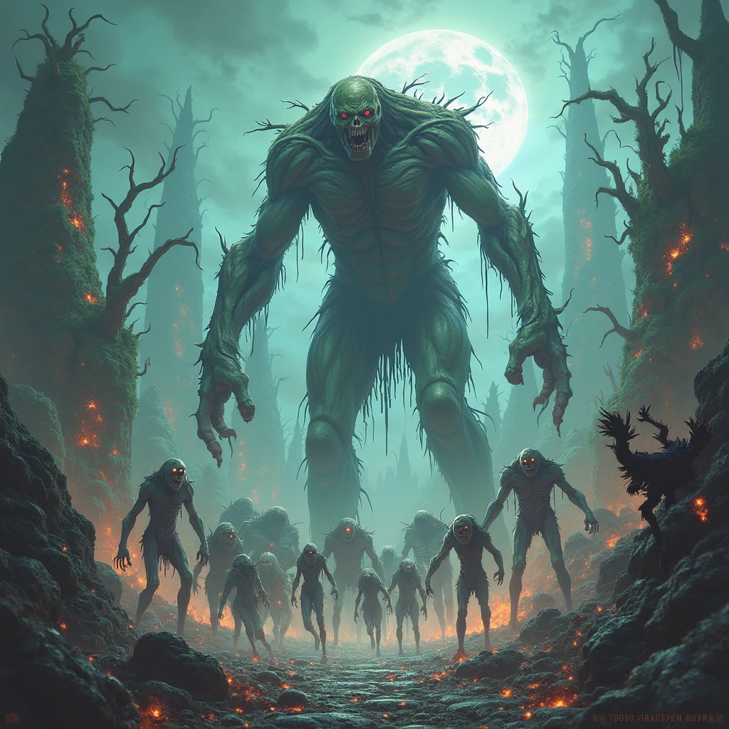 DC character Swamp Thing is in battle with a horde of Zombies. broken zombie parts flying. horror comic. night forest