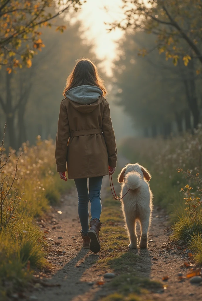 Recreate this scene,  A girl of approximately 18 years old , Without a right leg, He was walking and he falls into the bundles of a dog and in the distance he sees his handsome hood friend but make him lively
