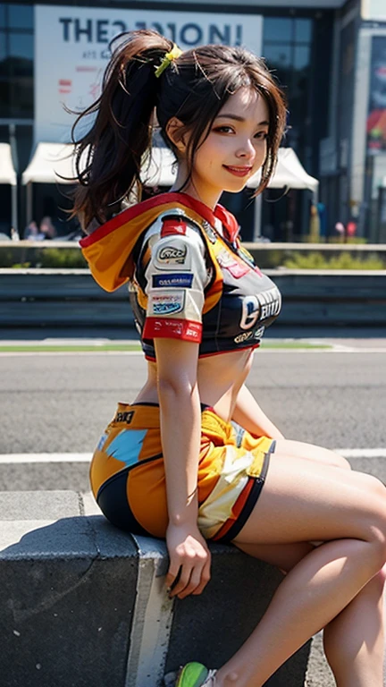 (detailed skin:1.2),(shiny skin:1.1),8k,best quality, masterpiece, ultra high res,(photorealistic:1.4),(soft saturation:1.3),(fair skin:1.2),1woman, young, japanese, brown hair, brown eyes, medium hair, asymmetrical hair, wavy hair, asymmetrical bangs, makeup,(lipstick:1.1),(eyeliner:1), mascara, eyeshadow, glamor, large breasts, grid girl costume and sponsor logo, micro short jaket, in racing circuit and large crowd, seductive smile, all fours, back focus