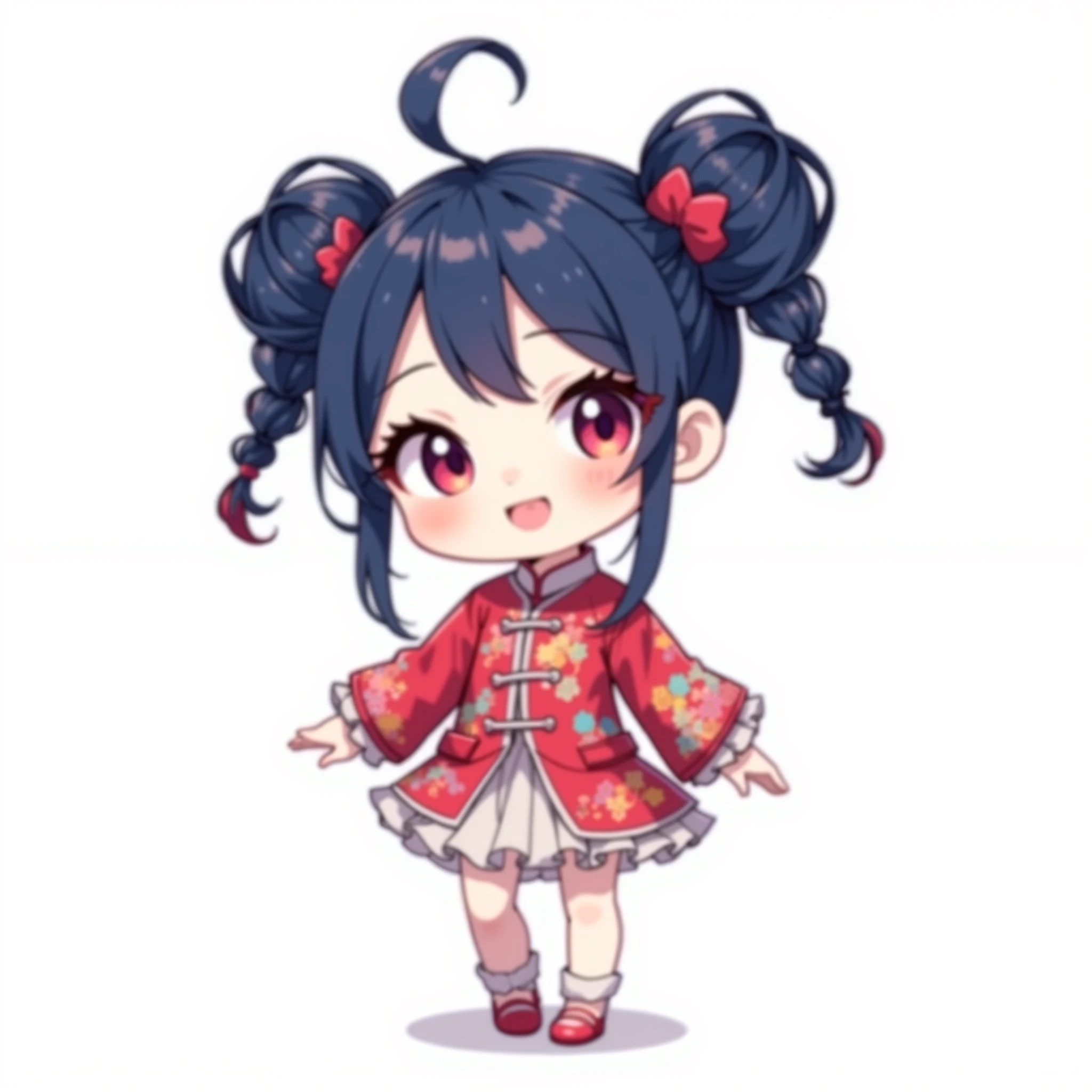 ( chibi:1.4), chibi character, chibi style, toe, (cwhite background:1.4),full body,masterpiece, high quality, 4K, HDR,, A girl with frills, anime style, with a cheerful smile、simple background、red china clothes、China、 bun hair, double braids, Navy blue hair color