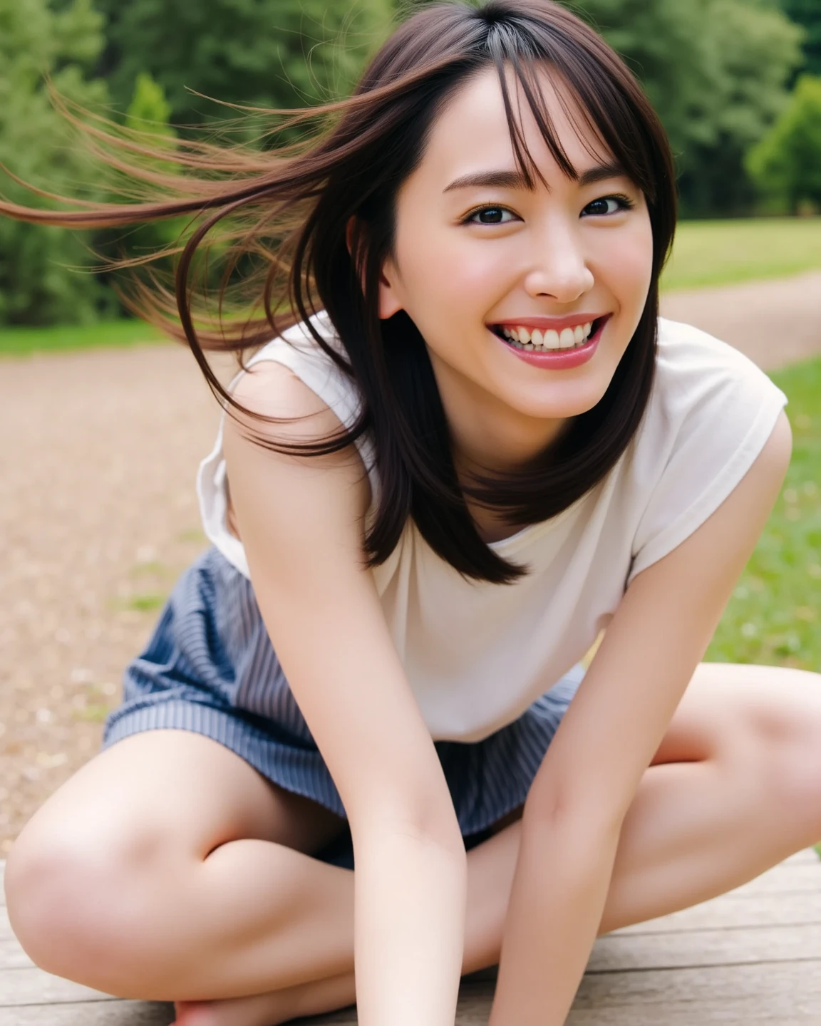 (highest quality、8k、32k、masterpiece、Ultra-high resolution:1.2)、Cute Japanese Women Photos、Laughter、Beautiful Face、(Hunchback:1.3)、Squat、(From above:1.2)、(close:1.4)、throw、Loose Fit T-Shirt、Big ample breasts、(Beautiful nipples exposed:0.9)、outside of home、Wind、Glowing Skin、Blurred Background、