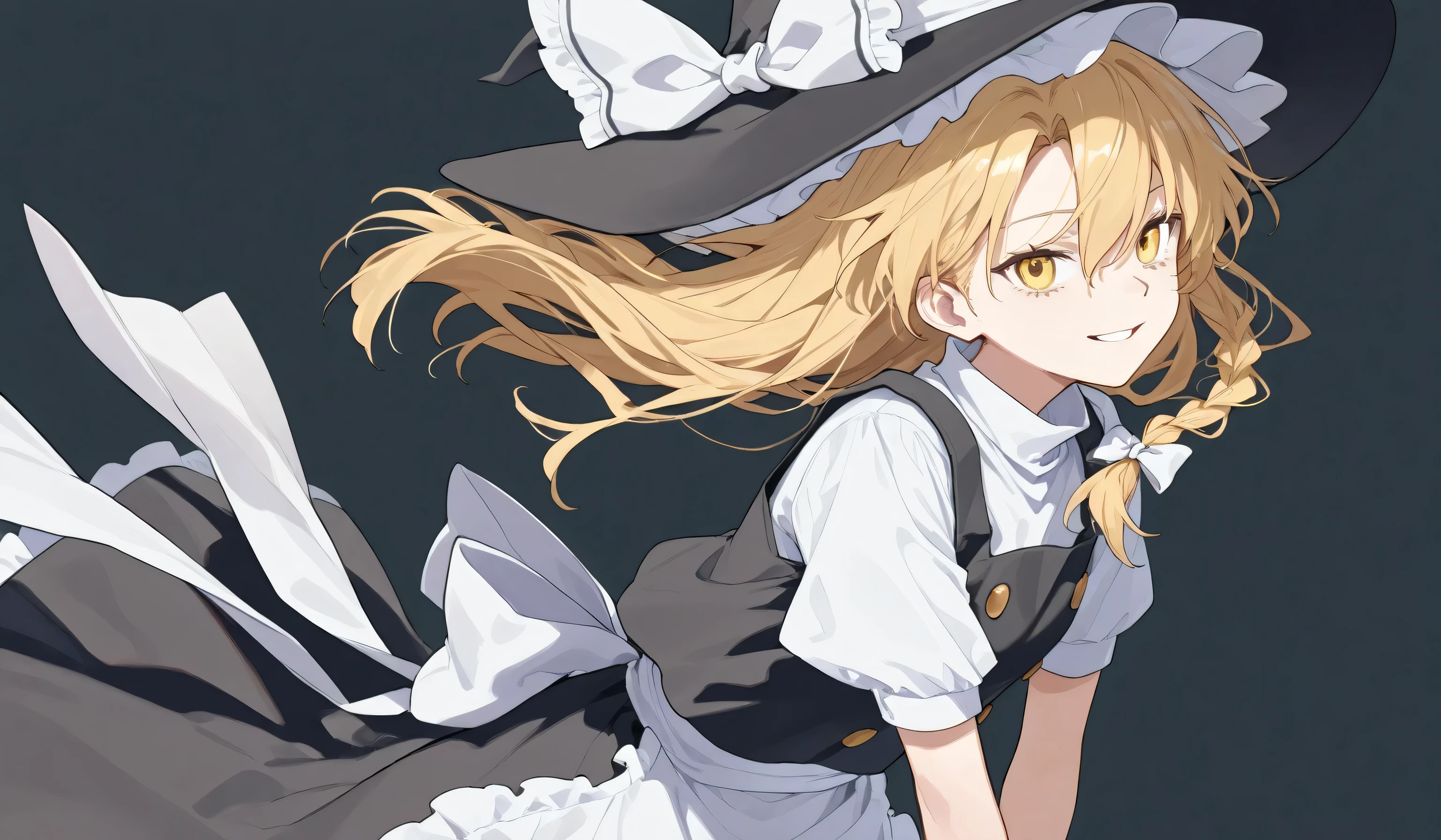 Kirisame Marisa、 Gold、 golden eyes、 beautiful and delicate eyes, best quality of wells,Superb product、Dark gray background 。 illustration depicting a point of view from a distance of a few meters。solo。 illustration from the front。 illustrations that emphasize eyes 。belligerent eyes 、 where your left eye is emitting light、, open your eyes and smile at 。