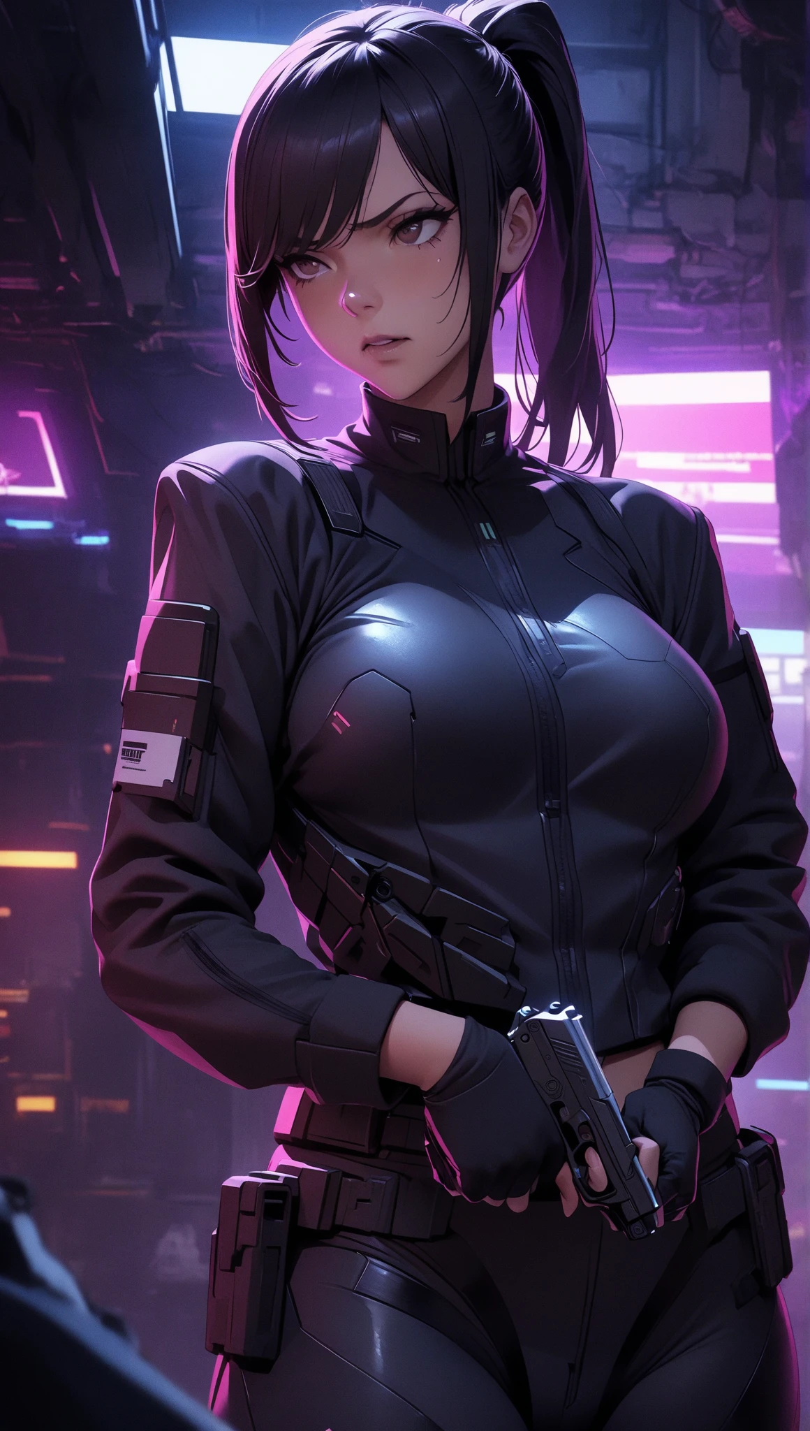 A beautiful cyclops woman, futuristic black glasses, with purple hair tied in a ponytail, white colored T-shirt, black colored pants, wearing a futuristic armband on her right arm