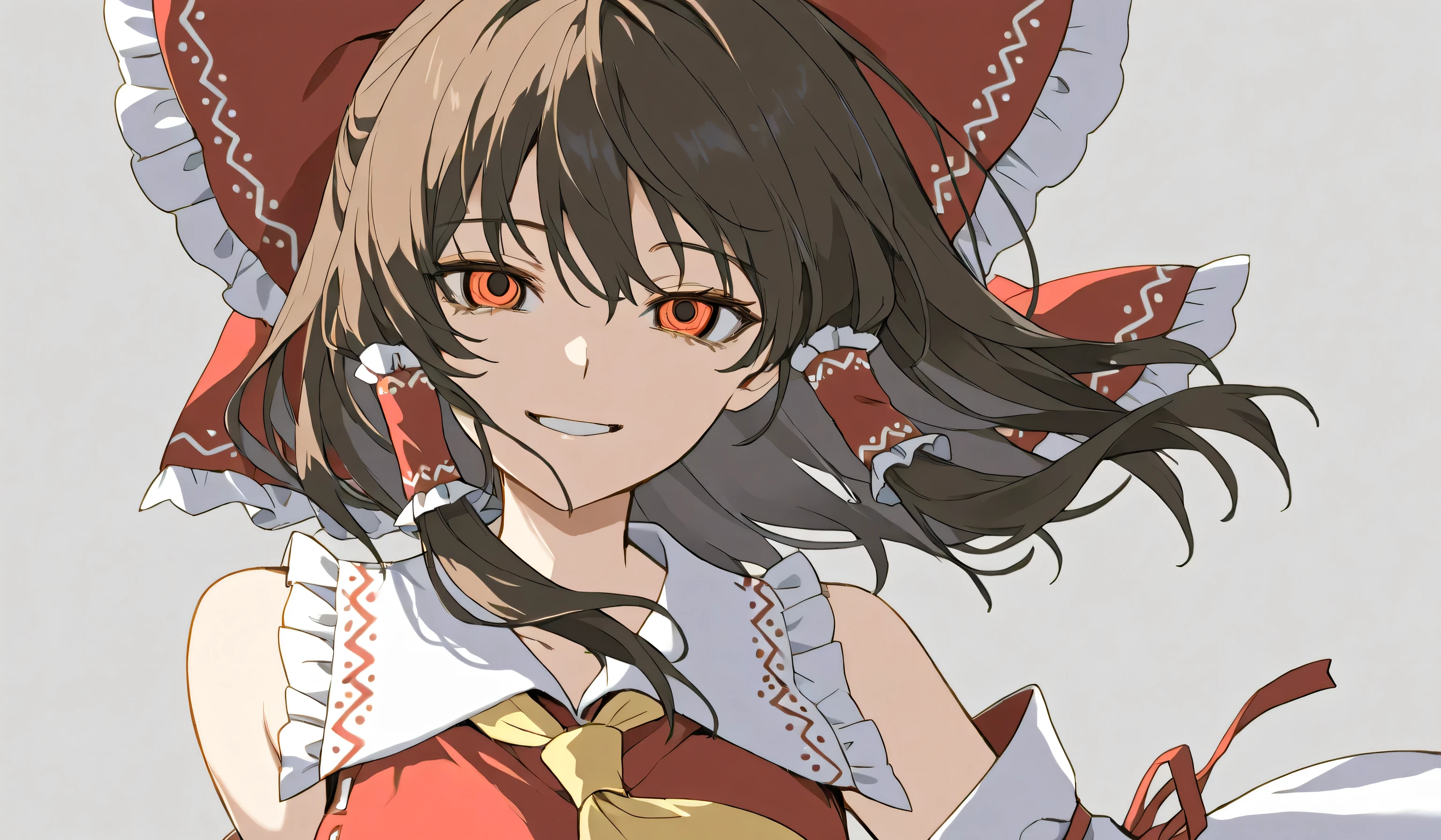 Reimu Hakurei、 brown hair, hair tube , hair bow, reddish brown eyes, beautiful and delicate eyes, best quality of wells,Superb product、 grey background。 illustration depicting a point of view from a distance of a few meters。solo。 illustration from the front。Open your eyes and smile fearlessly、The eyes are glowing。 illustrations that emphasize eyes 。