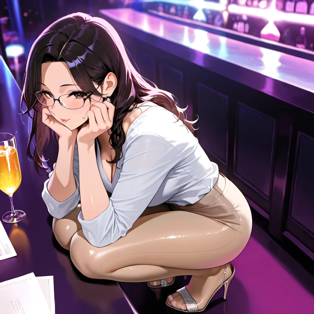 best quality, ultra-detailed, illustration, glasses,
cabaret, scenery, bar (place), indoors, chair, table, light,
1girl, solo, glasses, jewelry, long hair, necklace, smile, black hair, looking at viewer, black dress, sleeveless dress, bracelet, sitting, drinking glass, alcohol,