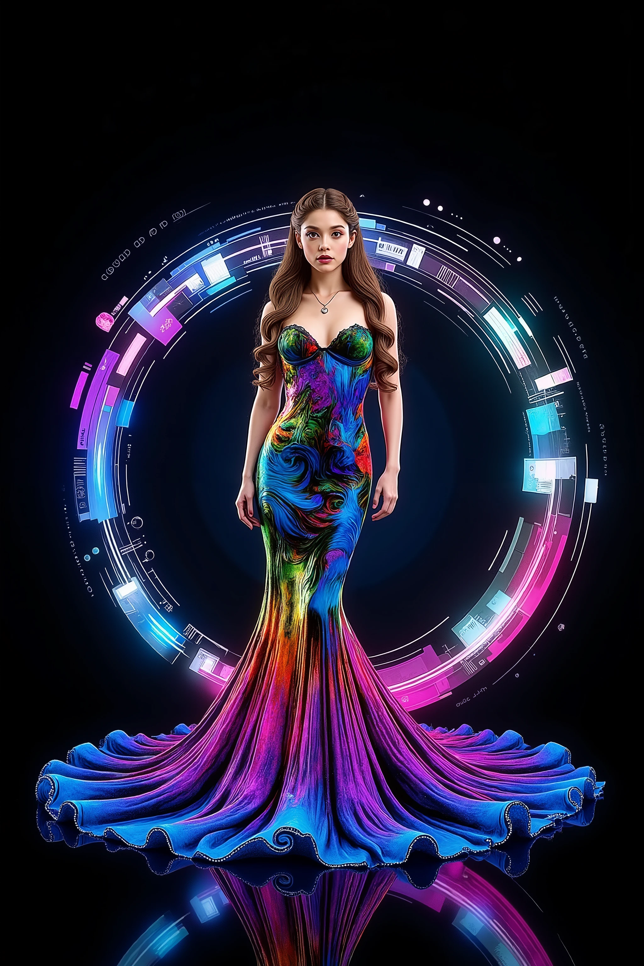 Take this image and multiply the number of swirl lines around the girl, while infusing lots of vibrant neon bioluminescent colors in the swirls as well. Make her mermaid gown highly reflective, mirror like, so all the light hits it, and reverberates it into the colored swirls around her. The swirl patterns should be triple or quadruple the amount of colored lines from the image. Make the girl look more realistic and more attractive. Surrealism, asthetically incredible, light display, lit up around the girl. Photorealistic, ultra realistic, cinematography, ultra detailed. Triple Bun, Braided Bun, Very Long Hair, Motion Lines, Sparkle, Emphasis Lines, Motion Blur, Speed Lines, Film Grain, Scanlines, Optical Illusion, Cinematic Lighting, Ray Tracing, Glowing Light, Reflection Light, God Rays, Action Painting, Icon Style, Realism, Tumbledown, Portrait Photography, Fujicolor, Hair Ribbon, crucifix, Super Detailed, Best Quality, Action Painting, Bubbles rising from foam, rising from liquid, paste, Masterpiece, From Below, Parted Lips, neon, lit up colored swirls, against a flat coal black background. Girl and swirls light up like bioluminescence. 