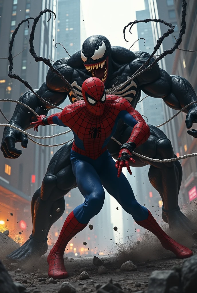 A venom hitting to spiderman by punching at sface