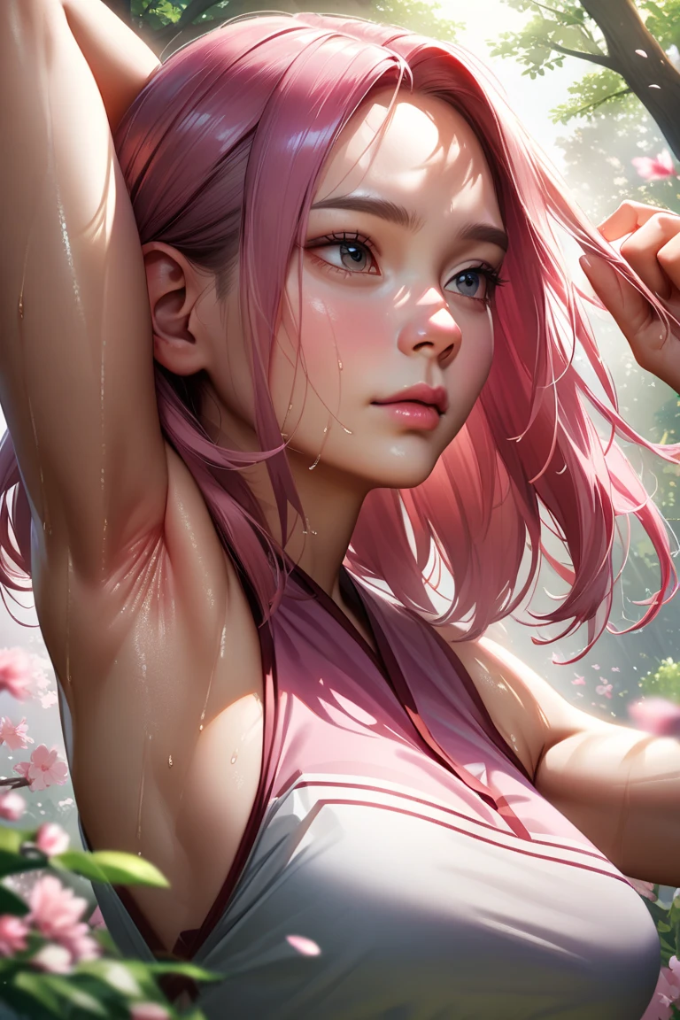(masterpiece:1.4, best quality), (intricate details), unity 8k wallpaper, ultra detailed, beautiful and aesthetic, (photorealistic:1.4), perfect lighting, (1girl), (very light pink hair, ), green eyes, hair ornament, medium hair, blush, one-piece swimsuit, dynamic pose, dynamic angle, lipstick, slim, slim body, surrounded by flower, sakura, nature, full body, very wild shot, small breast, flat_chest, outdoor, detailed background, realistic, solo, perfect detailed face, naughty face, detailed eyes, highly detailed, thighhighs,