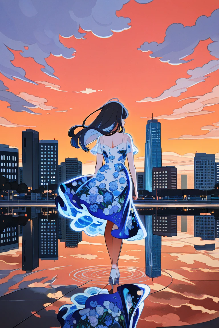 Photorealistic、((Super multiple exposure effect where the background can be seen through the clothes))、With a girl、Laughter、Lakeside in the background、wonderful、towards the night view, If you leave the shutter open for a long time、create a line of light.