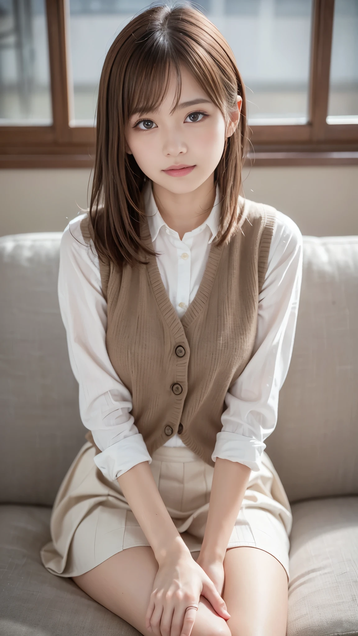 Highest quality, Focus on Your FACE , Soft light, Ultra High Definition, ( photorealistic:1.4), RAW photo,
1 japanese girl, alone, cute, (pupil, pupilに光), beautiful face with great attention to detail , ( small breasts),( high resolution detail of human skin texture),
(medium hair),
couch,
school uniform, Charcoal Vest, skirt,
(Thin upper thighs), ( detailed hands:1.3, perfect right hand:1.29)