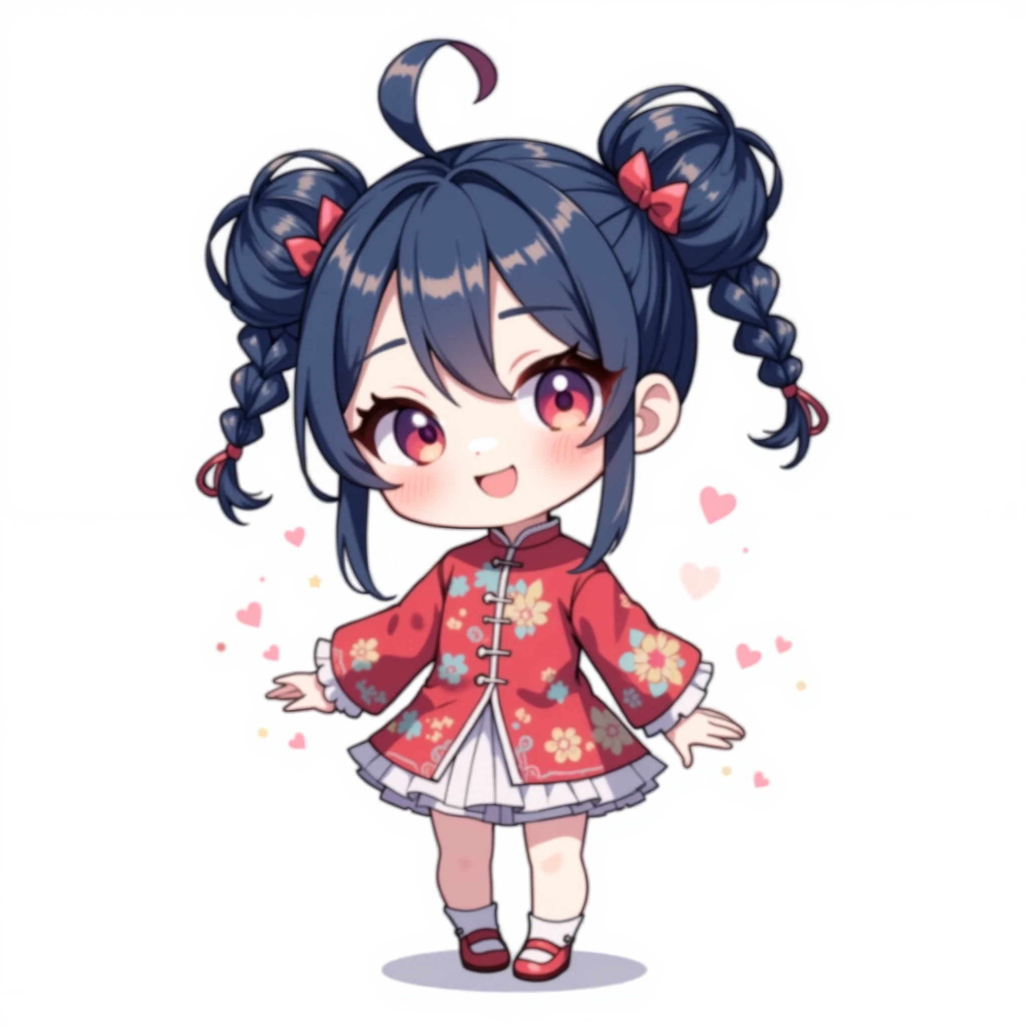 ( chibi:1.4), chibi character, chibi style, toe, (cwhite background:1.4),full body,masterpiece, high quality, 4K, HDR,, A girl with frills, anime style, with a cheerful smile、simple background、red china clothes、China、 bun hair, double braids, Navy blue hair color