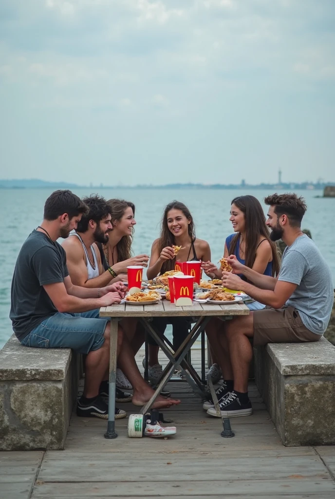 a group of 15 year old boys and girls happily biting into hamburger, salad and tomato sandwiches, the scene is set on a beach in Ischia in Naples, sunny, super realistic