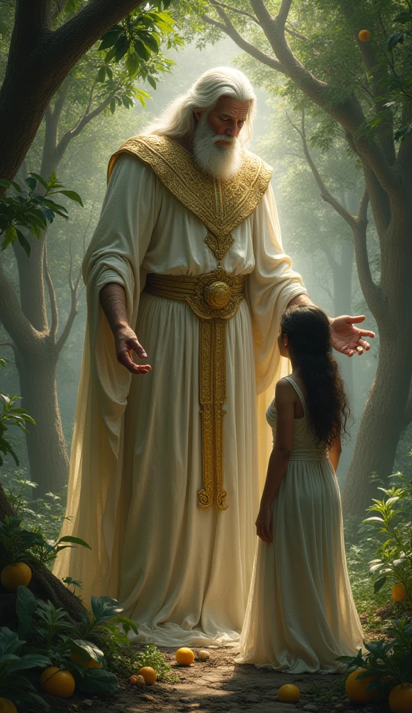 16k, 32k, UHD, masterpiece, best quality, upper body, God, who is super vast and gigantic, wearing white and shimmery gold robe, long white hair, white beard, holding Adam in his hand. God is super Gigantic and Adam is as small as God's little finger. God looks down on Adam into the beautiful enchanting garden of Eden. Adam is 20 years old, athletic body, light brown wavy hair and human, God is super vast and gigantic.