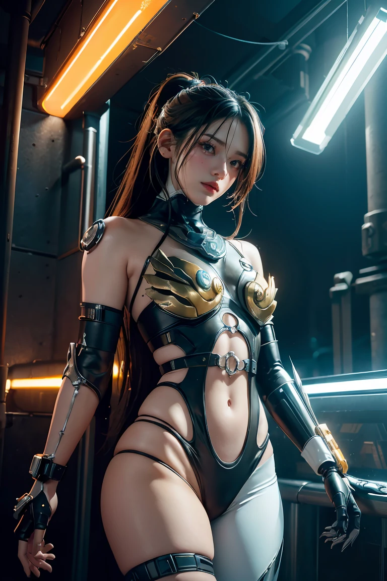 ((best quality)), ((masterpiece)), ((realistic, digital art)), Hyper HD, (hyper detailed), 1 Girl, Off Shoulder, Cinematic Lighting, RAW Photography, (Perfect Body Shape), DonMCyb3rN3cr0XL Malay female Techno-witch, octane rendering, raytracing, volumetric lighting, Backlit, Rim Lighting, 8K, HDR, Dynamic Poses, Mechanical Face, Mechanical Arm, Sit on Ledge, Machinery Background, Modest Outfit