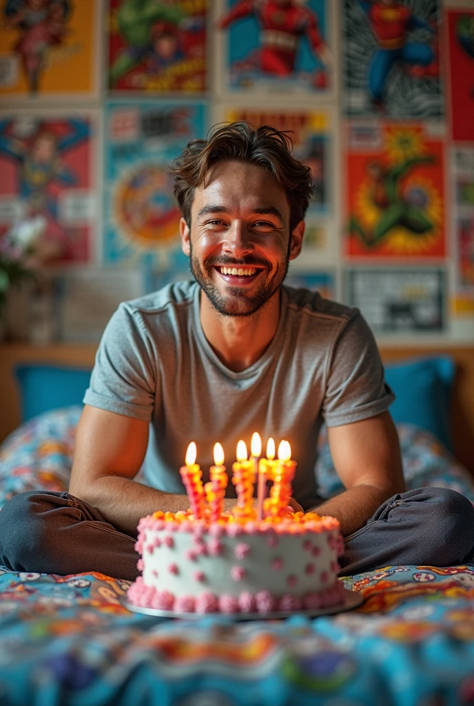 (8K, RAW photo, Highest quality) masterpiece, 1 boy, Look at me, on a bed, Handsome, Topless, Thick body hair, wearing nothing completely naked, sitting on the floor, correct looking penis, well-shaped penis, smooth penis and balls, erection . he holds a plate with a birthday anniversary cake. The cake has big-sized, carved words that read "Happy Birthday",visible to viewers at the edge of the cake, in the background An elegantly decorated room with pastel blue walls. Dominating the center is a cluster of pastel blue and beige balloons held together by a string. Below the balloons, there are several birthday gift boxes, each adorned with a blue ribbon and a yellow bow. He holds a plate with a birthday anniversary cake. In a bedroom,The room is illuminated by natural light coming from a large window. background, cinematic lighting, UHD,Extra Realistic XL