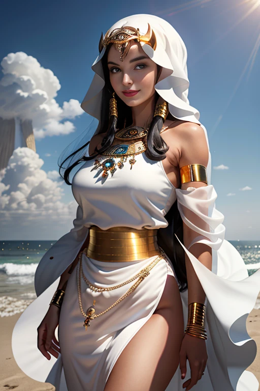 1 woman, beautiful Egyptian woman, 25 years old, long black hair with bangs, exotic skin, smaller head, brown eyes, medium breasts, white Priestess robe, masterpiece, ultra HD, realistic masterpiece, blurred background, oasis on the desert, relaxed poses, full lips, perfect hands, perfect eyes, perfect face, perfect details, sharp focus