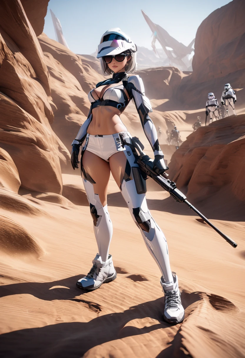 masterpiece, best quality, full body in an dynamic standing up pose and a dynamic pose HOLDING a HUGE LASER RIFLE, carefully detail position hand on weapon, in red/withe futuristic modern army cyberpuk micro mini skirt, cyberpunk micro mini crop top, cyberpunk futurstic military style boots, colors add, detail futuristic rifle, very futristic, three beautiful womens, wearing futuristics space suites, helmet type open face with visor, visor with light neon , in a desert planet, surrounder of stormtrooper, stormtrooper, stars wars, star trek, smooth golden skin, 2090s. perfect body, beautiful body, perfect shadows, real and strong face shadows, real shades, unreal engine 5, blender render, very sexy outfit, sexy outfit, detailed shades, detailed face shadows, blender rendering, unreal engine 5, highly detailed, exact perfect highlights and reflections, provide human figure, exact and proporcionate body, proporcionate legs, beautiful legs, all people on the same floor level, no more two legs for human figure, perfect human figure,Extremely Realistic,p3rfect ,cleavage,breastclamp,Pussy Close Up,scarlett