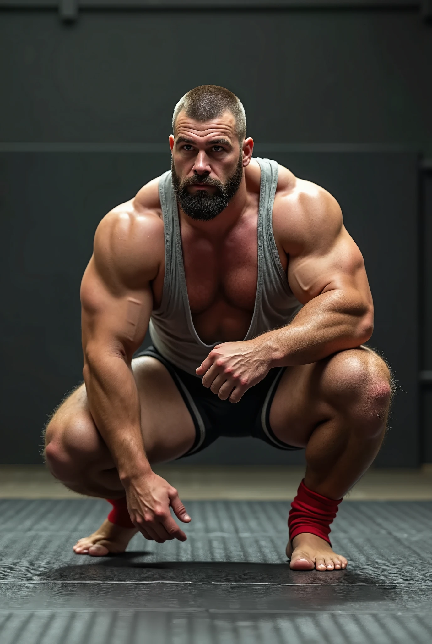 mature old man, virile, tough, plump, bulging, massive feet, grandpa, clear eyes, ginger, hairy, furry shoulders, white body hair, sweaty, barefoot, tank top, skimpy adidas shorts, gym coach, shows feet, mustache, intricate details