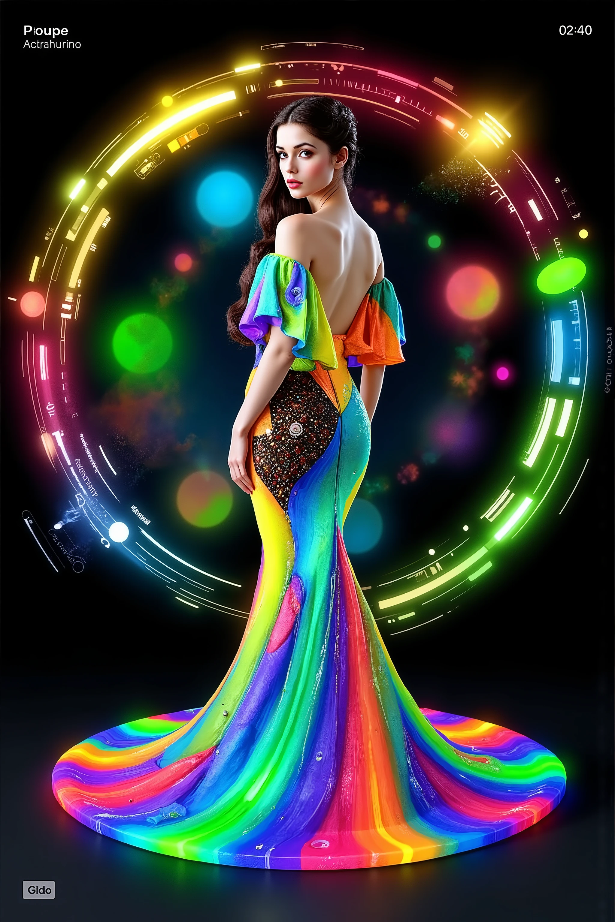 Take this image and multiply the number of swirl lines around the girl, while infusing lots of vibrant neon bioluminescent colors in the swirls as well. Make her mermaid gown highly reflective, mirror like, so all the light hits it, and reverberates it into the colored swirls around her. The swirl patterns should be triple or quadruple the amount of colored lines from the image. Make the girl look more realistic and more attractive. Surrealism, asthetically incredible, light display, lit up around the girl. Photorealistic, ultra realistic, cinematography, ultra detailed. Triple Bun, Braided Bun, Very Long Hair, Motion Lines, Sparkle, Emphasis Lines, Motion Blur, Speed Lines, Film Grain, Scanlines, Optical Illusion, Cinematic Lighting, Ray Tracing, Glowing Light, Reflection Light, God Rays, Action Painting, Icon Style, Realism, Tumbledown, Portrait Photography, Fujicolor, Hair Ribbon, crucifix, Super Detailed, Best Quality, Action Painting, Bubbles rising from foam, rising from liquid, paste, Masterpiece, From Below, Parted Lips, neon, lit up colored swirls, against a flat coal black background. Girl and swirls light up like bioluminescence.