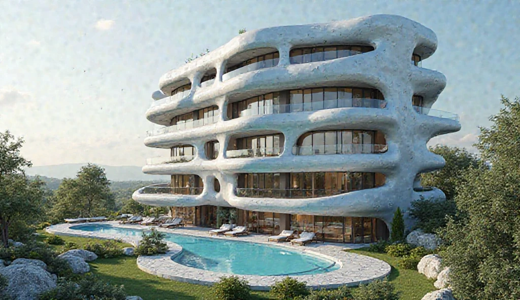 Small futuristic, apartment building in a futuristic style, on five front windows with a height of nine floors, in a field near the road, on the territory beautiful swimming pool relaxation area, sports ground and park area