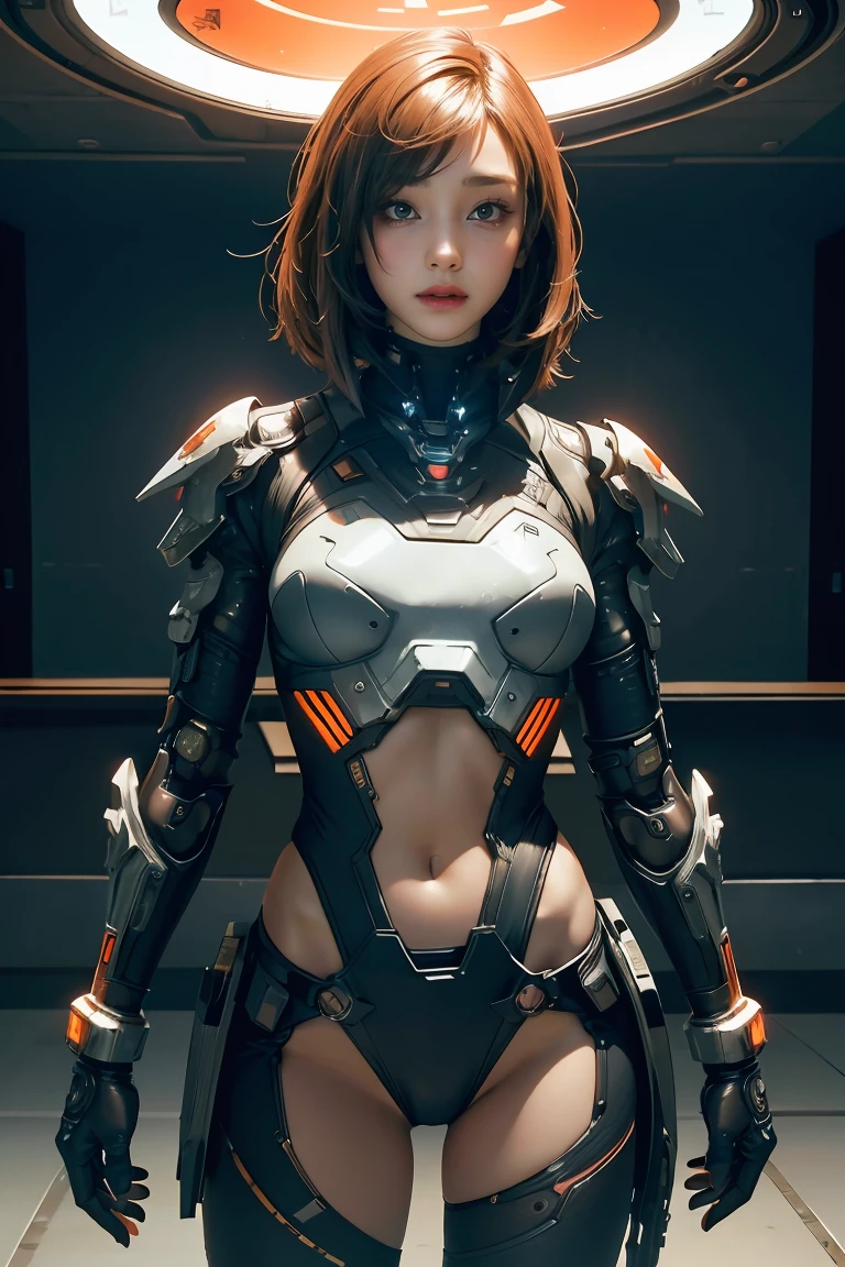 163 Short Hair, (20-year-old woman, Are standing), Surreal, A kind smile, SF Cool Suit, (lipstick), Futuristic fighter, light, lunp, shining, neon, sparking,