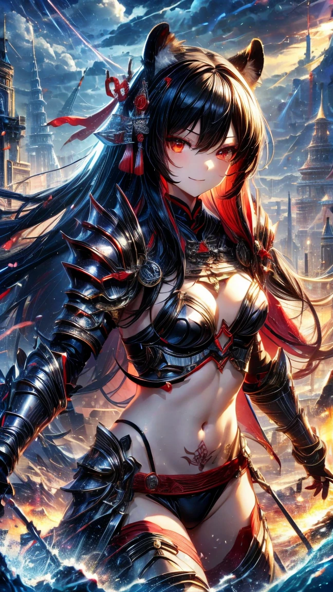 ((highest quality)),(ultra high resolution),(Super detailed),(detailed description),((best CG)),(best work of art),super precision art, great drawing art,(Art with precise details:1.5), (Fantasy medieval bikini armor 1 woman:1.5), beautiful and well-shaped face:1.5,(Beautiful skin with precise and detailed depiction:1.6),(:1.5),provocative angle:1.6,gorgeous, beautiful young woman, beautiful and flawless red colored skin, long flowing black hair, obsidian colored eyes, symmetrical face, seductive and alluring facial features, her very presence oozes seduction, S-shaped body figure, slim and narrow waist, black onyx horns jutting out her forehead, hip level shot