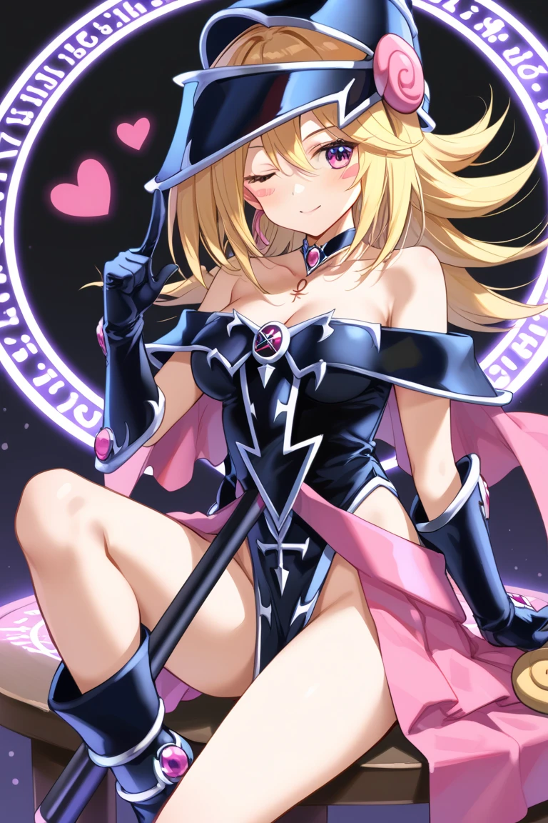 Carefully draw the face　5 year old girl　High-quality faces in anime style　a blond　Glossy black leotard　Red lines all over the body　seductiv　a smile　Morrigan Aensland　Pink fog