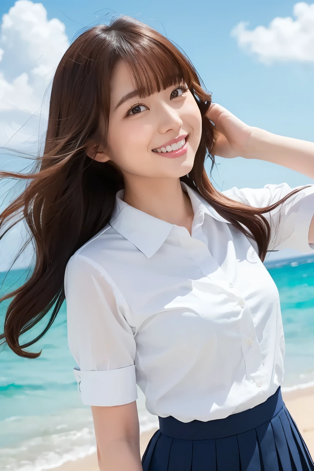 Arafed asian woman in a white shirt and blue skirt on a beach - SeaArt AI