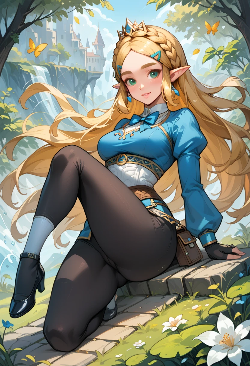 (extremely fine and beautiful:1.1), (perfect details:1.1), (finely detailed eyes and detailed face:1.3), ZeldaSDXL, Princess Zelda, narrow , , slender thighs, small ears, pointy ears, braid, hair ornament, hairclip, gloves, black gloves, fingerless gloves, blue shirt, shirt, long sleeves, crown braid, bangs, green eyes, parted bangs, pants, black pants, blonde hair, long hair, long hair,, sidelocks,, thick eyebrows, jewelry,, belt, tight pants, tight, puffy sleeves, ( lost path), black Mary Jane tap heels, with white socks, while tap dancing laying down and , black top hat on her head, , showing her , blue bow tie with a white collar around her neck, full body, flirtatious smile, natural beautiful makeup,