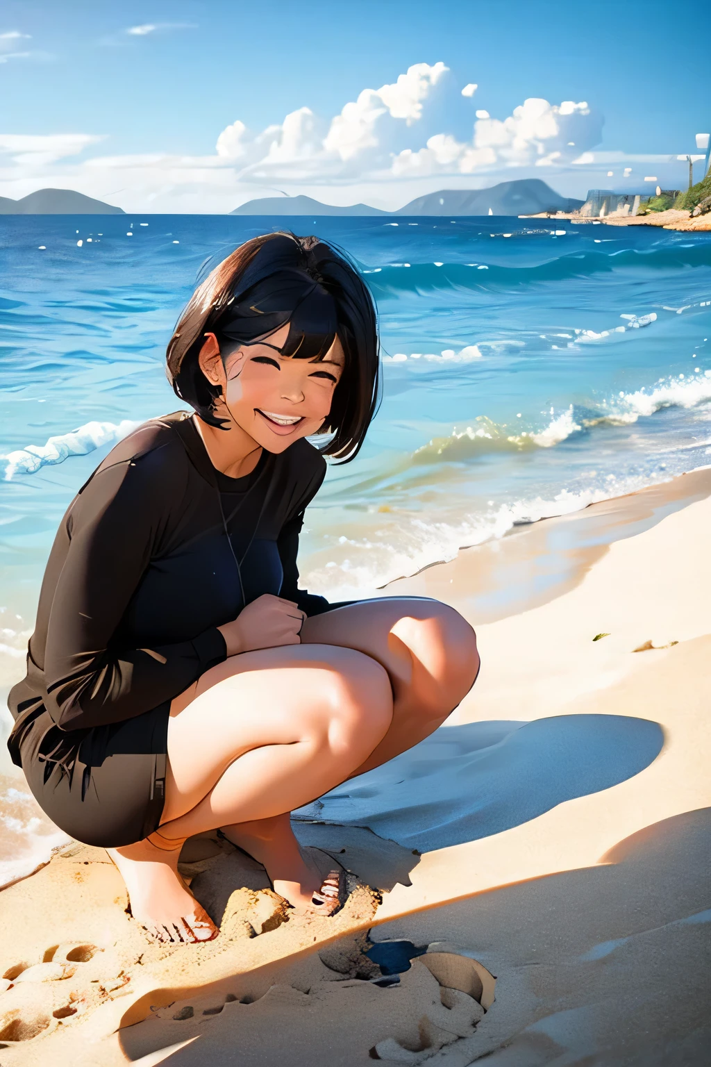 Photo . beautiful girl . She's French . Height 175 centimeters . breast size 3 . Black eyes . black hair , bob haircut . 26 years old . She is an artist . She's completely naked . She spread her legs on the beach , squatting . Cum is pouring out of her ass. she laughs . There are a lot of people on the beach