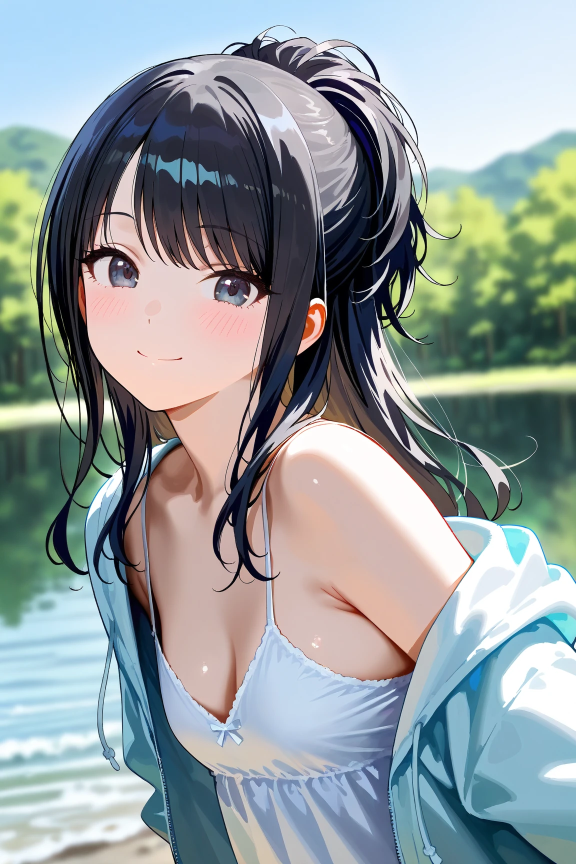 ((Highest quality)), ((masterpiece)), (detailed), (Japanese),, Black Hair,(Childish face), (Long Hair), girl, Large Breasts、 ((topless)), ((blue eyes)),Half-laugh ,sunlight, arched back, (Extreme_close_superior) , River bank, garden,((See-through shirt)),(A see-through shirt),