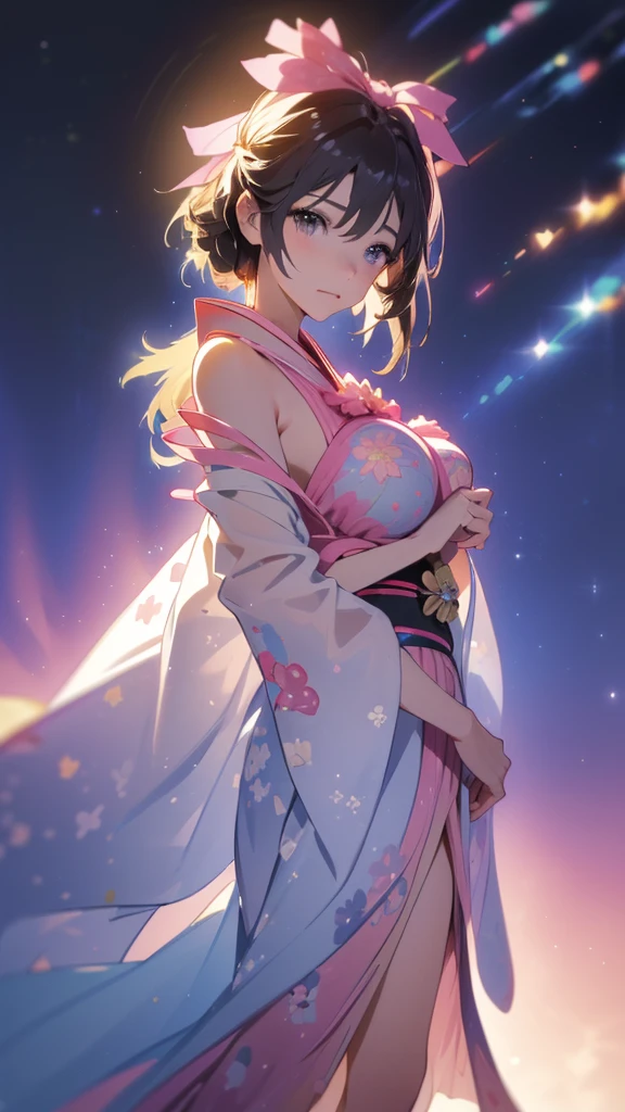 Highest quality、Alluring１People Women、Undressed kimono、Beautiful shoulders、Beautiful cleavage、Black kimono、Gold decoration、Black Hair、Delicate and beautiful、Close-up from chest up