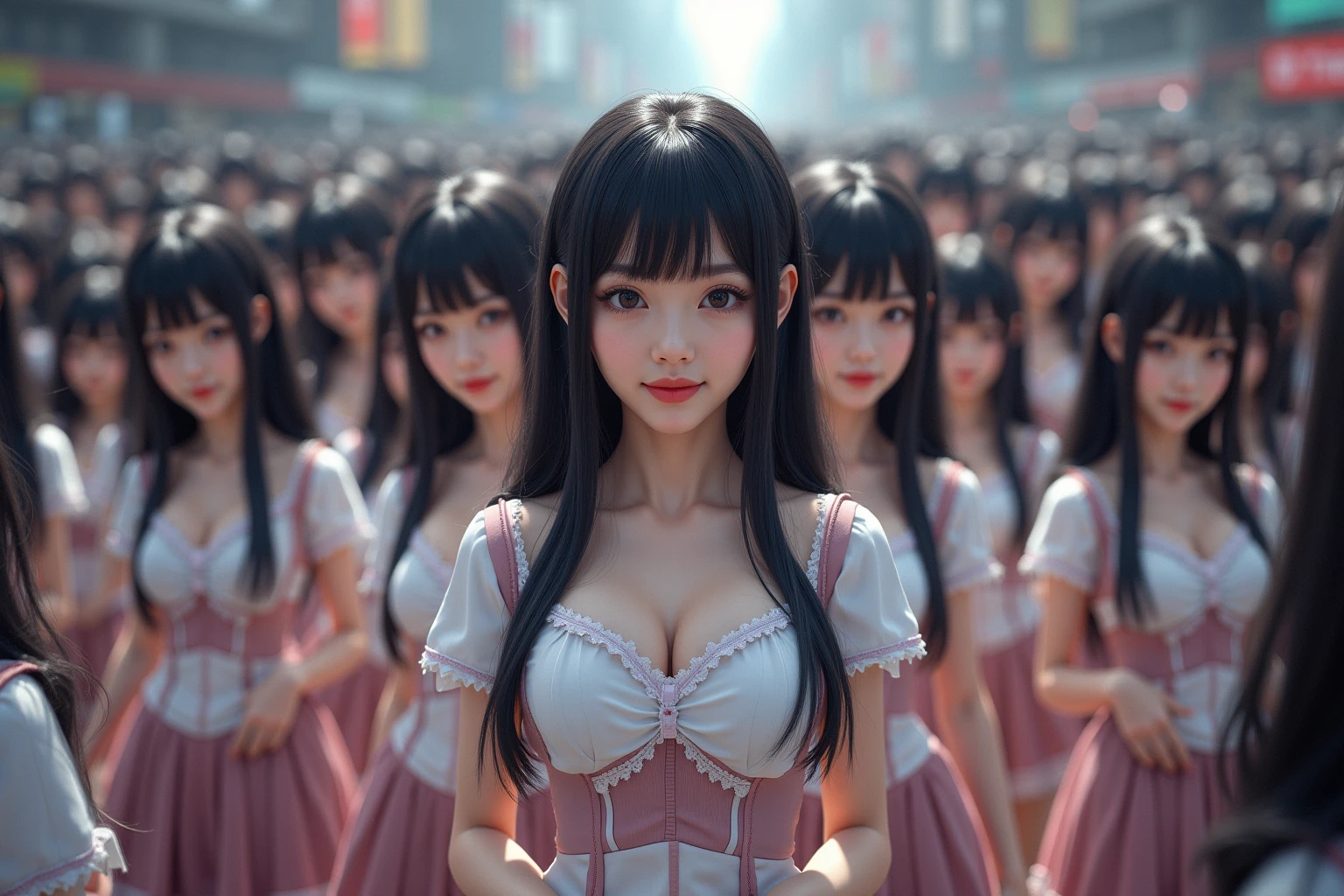 (((((Japanese Clone girls=Myself)))))), (((Best Super High quality Myself Clone girls Raw Photography Art))), (16K, Highest quality, Ultra-high resolution, RAW Photos), (((It's so unrealistic., With unparalleled depiction, With an unfathomable sight, An unprecedented and shocking worldview, Clone girls in a world of mass reproduction, Ultra-realistic))), (((Japanese, woman, 20yo, Saito-Asuka))), (Small face, ((Thick black hair, Semi-long hair))), ((V-neck short-sleeve dress)), (((((Very detailed美しい女体, Accurate body structure, Very detailed完璧な, Super busty body with very large breasts, Clearly emphasizes cleavage))))), (((Dark Eyes, Mature face, Cute Smile, A gentle gaze))), (((Her happy and smiling expression is so cute))), ((((((((Very detailed分身増殖描写, ((1girl→Myself cloning→1,000,000,000,000,000,000,000,000,000,000,000,000,000,000,000,000,000,000,000,000Myself Clone girls)))))))))), ((((((((Very detailed, The precise depiction of the proliferation of Myself Clone girls, ((With the perfectly identical bodies of Myself clone girls, With the exact same face as the Myself clone girls, With the exact same hairstyle as the Myself clone girls, In the exact same clothes as the girls who are my clones, Perfectly the same height as the Myself clone girls, Super big breasts, just like the Myself clone girls)))))))))), (((Myself clone girls only))), (((Very detailed depiction, (A group of Myself clone girls hugging each other, A large gathering of Myself clone girls, Fun conversations among crowds of Myself clone girls, A fun conversation among a crowd of Myself clone girls, Myself clone girls flirting with each other, Multiple Myself clone girls walking together in a crowd, turn around, The approaching crowd of Myself)))), (((Everyone looks at the camera))), (((Unbelievably crowded, Transcendent Myself clone girls intimately, Countless Myself clone girls surround you in 360 degrees))), (Bright, soft sunlight), (((Very wide field of view, Very detailed, Detailed ultra-perspective depiction with clear depth, super wide view))), (((((Where the thousands of Myselves join together))))), (((Very photographic and detailed depiction, Myself clone girls will multiply infinitely and fill the surroundings from one side to the horizon with their bodies tightly packed together without any gaps., A scene of endless Myself clone girls, giving a happy vibe.))), (Focus on the average value of the image)