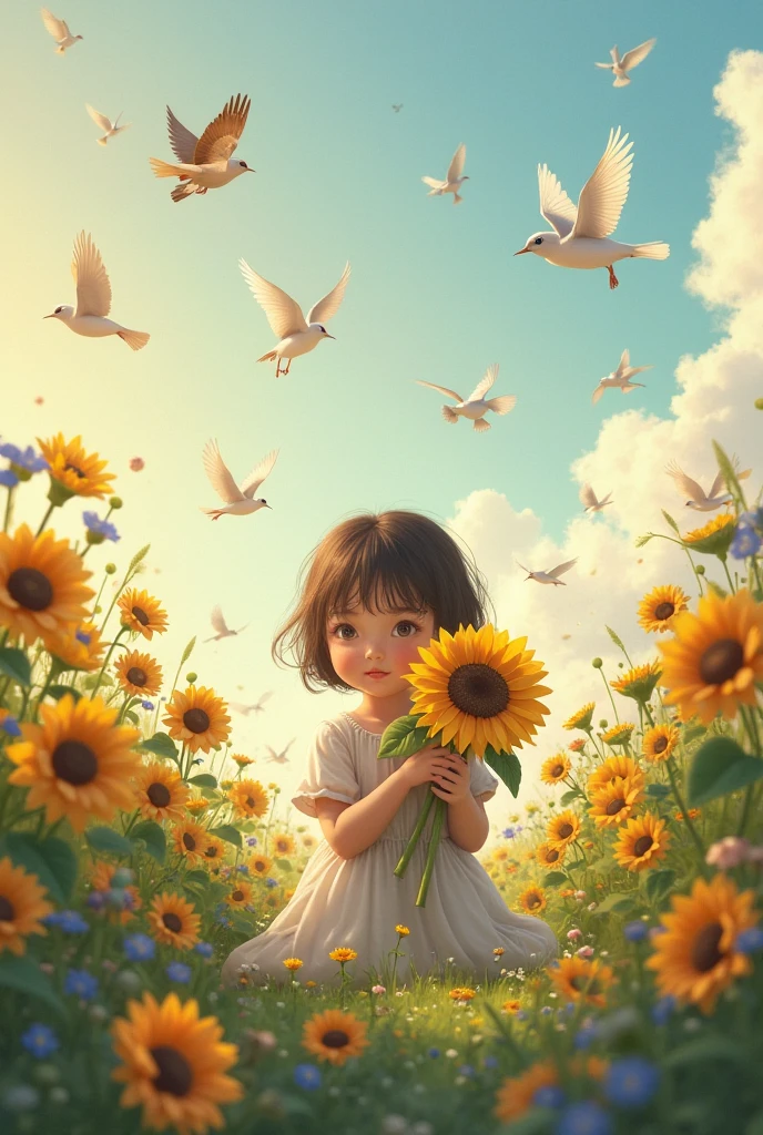 a masterpiece of，high qulity，grass field，The blue sky and white clouds，Big sun，grass field，grass field，trpical garden，florals，himawari，An 8-year-old girl，Rich graphics，