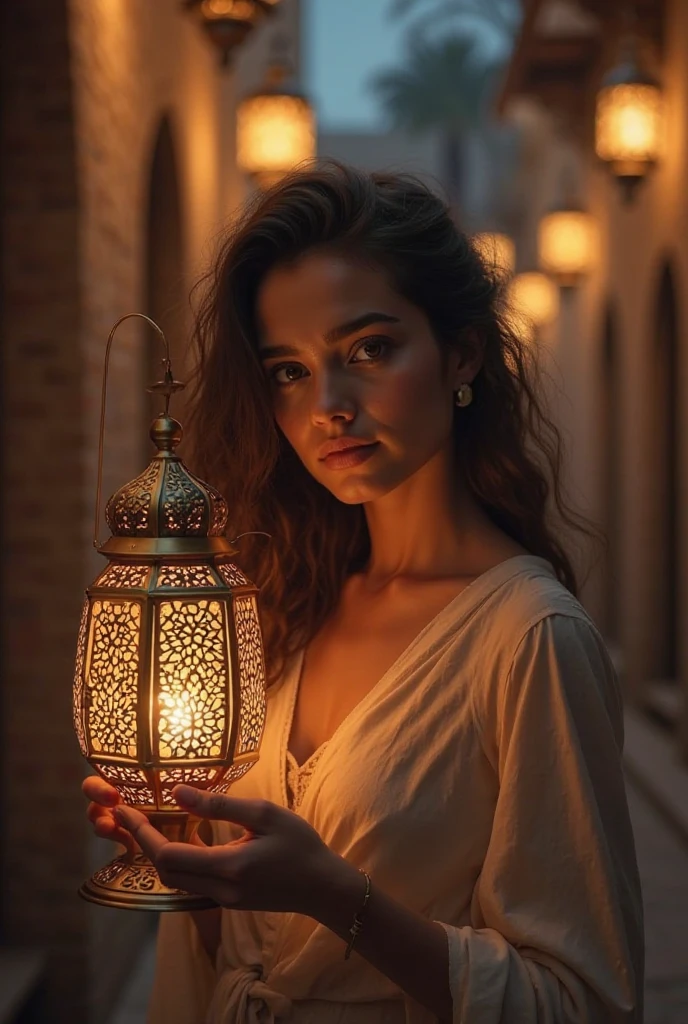 Draw a decent girl smelling a perfume while selling the down in midst of the arabian desert under the dark moonlight