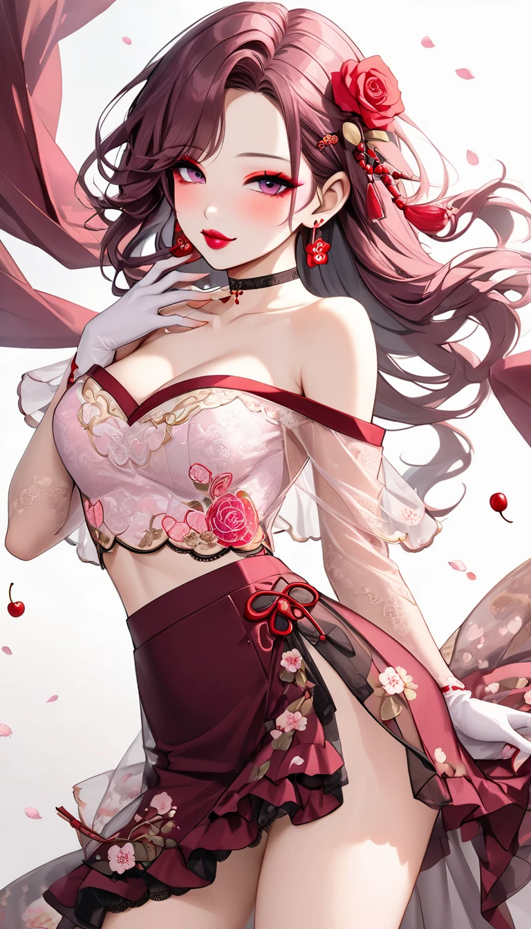 Hiromi Matsuo style, ((highest quality)), ((masterpiece)), High resolution、High-quality images、8k, 1 female、Skin Radiance、Expression of fine eyes、Beautiful Eyes, Gorgeous face with attention to detail, (Cute Smile), (Perfectly detailed face), (Beautiful Hands) Photorealistic images, 20th generation , Mid-chest , protruding shoulders , Her cleavage is visible , There are many red roses in the background ,Outdoor、garden、blue sky、colorful flowers、(Stylish fashion)、Underarm、Waist up shot、