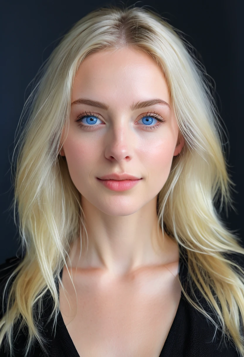 A stunning digital portrait of a young woman with cascading blonde locks, piercing blue eyes, and a sleek black dress that hugs her curves in all the right places.
