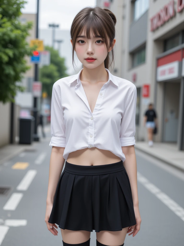 (RAW Photos, Highest quality), (Realistic, Photo Realistic: 1.3), Highest quality, Very detailed,8K RAW Photos, Highest quality, masterpiece, Ultra-high resolution, 3D, Realistic, 1 Girl, ((Beautiful woman walking in the city))、Walking towards the audience、((Portraiture))、Japanese women, Serious face, black_hair, black_crew_T-Shirts, ponytail、up hair, short hair、nose, School_uniform,, Natural skin texture, light brown_eye, detailed eyes and face, lips, lipstick, Beautiful legs, Huge breastss, (Detailed Background), Checked mini skirt, White shirt, Brown high heels、Huge breasts,、Blurred Background,Short sleeve、whole body、Bright white lighting、Asakusa
