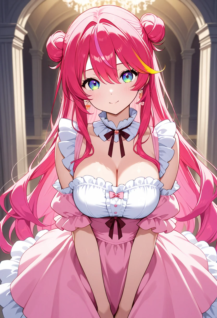 ((Moe anime art style:1.2)), (((masterpiece))), (((best quality))), ((ultra detailed)), (illustration), ((an extremely delicate and beautiful)), ((super detailed skin)), (((8K))), BREAK (((solo girl, A young-looking princess))), (18 years old), ((full body)), ((from front)), (sit astride, straddling), BREAK (((Shiny dark pink taffeta))), ((Dense lace, Long train, Lots of frills)), (((Full-length crinoline hoop skirt, Beautiful and luxurious Rococo Victorian ball gown dress))), BREAK (((huge breasts))), ((breast focus, cleavage cutout)), Sweat on the chest, BREAK (((Super delicate and beautiful face))), ((Beautiful Lips, Delicate beautiful eyes)), ((embarrassed)), BREAK bangs, (((Pink Hair, Fluffy ponytail, Curly Hair, Expressive hair, very voluminous long hair))), Beautiful silver and jeweled hair ornaments, BREAK (((nature))), (in forest), ((so many colorful flowers)), ((Flowing petals)), Particles of light pouring down, (light sparkles:1.5), (light leaks:1.5),