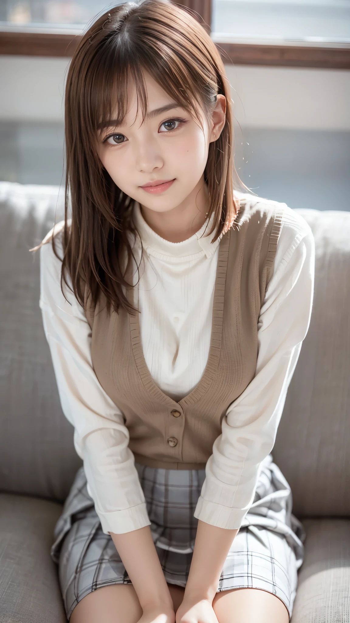 Highest quality, Focus on Your FACE , Soft light, Ultra High Definition, ( photorealistic:1.4), RAW photo,
1 japanese girl, alone, cute, (pupil, pupilに光), beautiful face with great attention to detail , ( small breasts),( high resolution detail of human skin texture),
(medium hair),
couch,
school uniform, Charcoal Vest, skirt,
(Thin upper thighs), (perfect right hand:1.29)