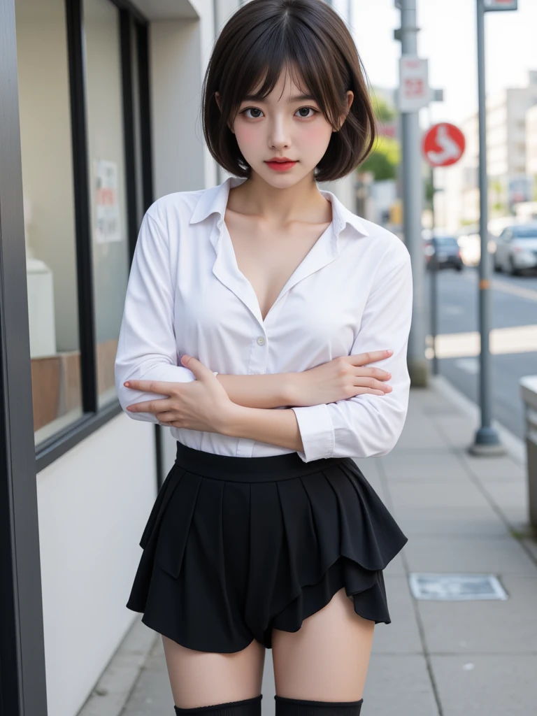 (masterpiece:1.2, top-quality), (realistic, photorealistic:1.4), beautiful illustration, (natural side lighting, movie lighting), , (looking at viewer), 1 girl, japanese, high school girl, perfect face, cute and symmetrical face, shiny skin, , (short hair:1.2, shaggy cut:1.2, dark blue hair), hair between eyes, purple eyes, drooping eyes, long eye lasher, (large breasts:0.6), beautiful hair, beautiful face, beautiful detailed eyes, beautiful clavicle, beautiful body, beautiful chest, beautiful thighs, beautiful legs thicc, ((symmetrical clothing, white collared shirts, light grey pleated skirt, red neck ribbon)), black socks, (beautiful scenery), day time, school rooftop, (facing the front), (impatient expression, blushing cheeks, embarassed expression), (((skirt tug, wind lift))),