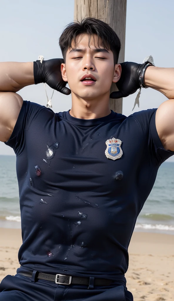 Handsome Korea man นอนพิงเสาริมทะเล ,short black hair, cut short, , wearing a navy round neck T-shirt ,((มีตราตำรวจ)), (navy pants, black gloves ,he chest muscles,large arm muscles,blood vessel,Big muscles,Broad shoulders อยู่ริมทะเล ในเวลากลางวัน หลับตา อ้าปากกว้าง ตกใจ (((เชือกมัดมือและลำตัวติดกับเสามือทั้งสองยกขึ้นเหนือหัว))) ,(Cum:1.5)