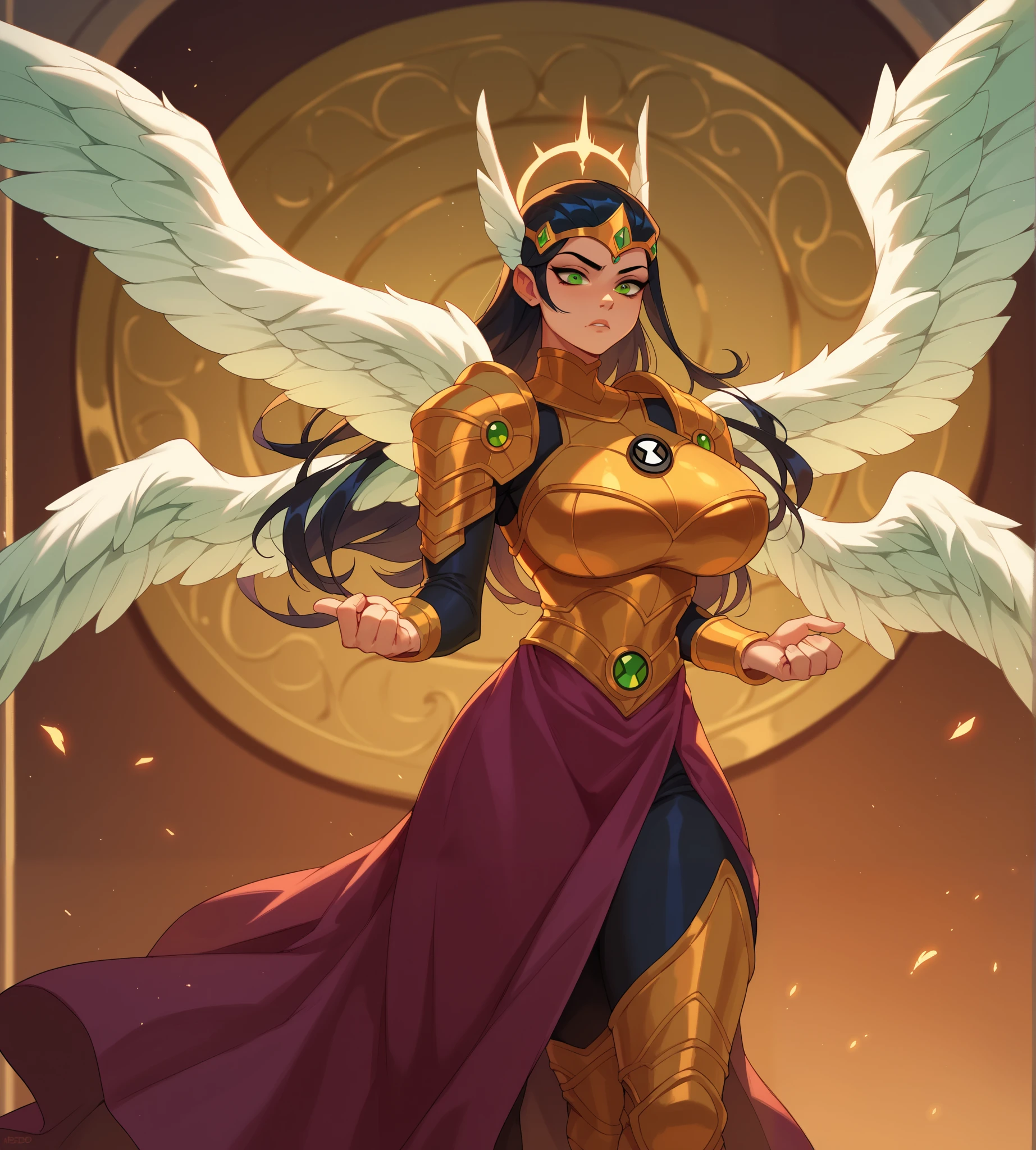 1girl, Black hair, long hair, green eyes, green eyes, armor, angels wings, 4 wings, face human, Huge breasTs, 5 dedos, long sleeves, ben10, insignia