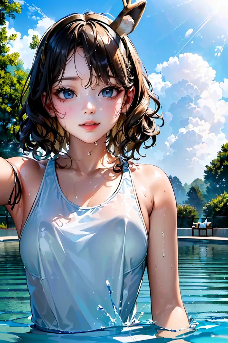 (best quality, 16K, masterpiece :1.3), pretty Woman, 1 girl, (big breasts, Beautiful collarbone, attractive body :1.2), abdominal muscles :1.1, Hair over the shoulders, curls, gradient hair, blonde hair, light blue hair, messy hair, single sidelock, (wet from rain, get wet by rain, wet :1.2), gradient eyes, sky blue eyes, Lake green eyes, upturned eyes, students shine, Students reflect on their surroundings, The facial details are very rich, delicate lips, exquisite eyes, double eyelids,